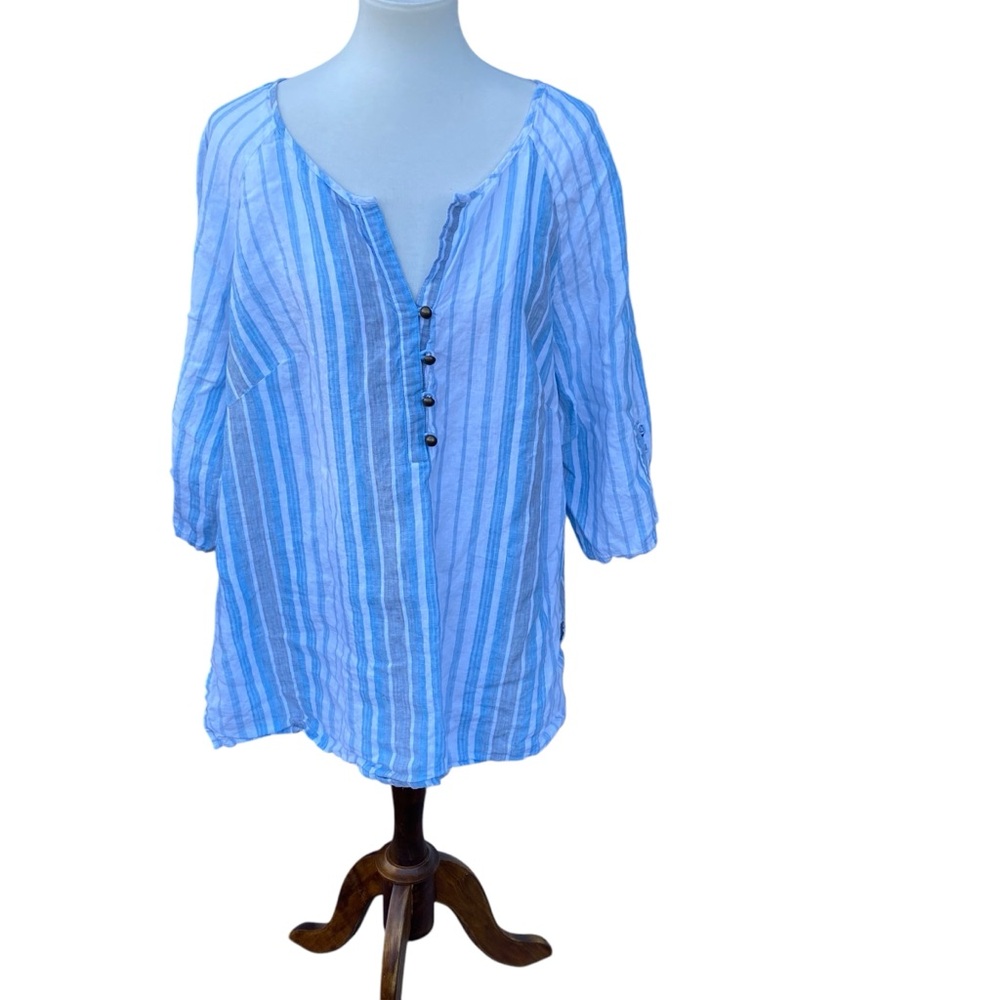 Tweeds Women’s Tunic 3/4” Length Sleeve‎ Blue White and Gray Stripe 2X